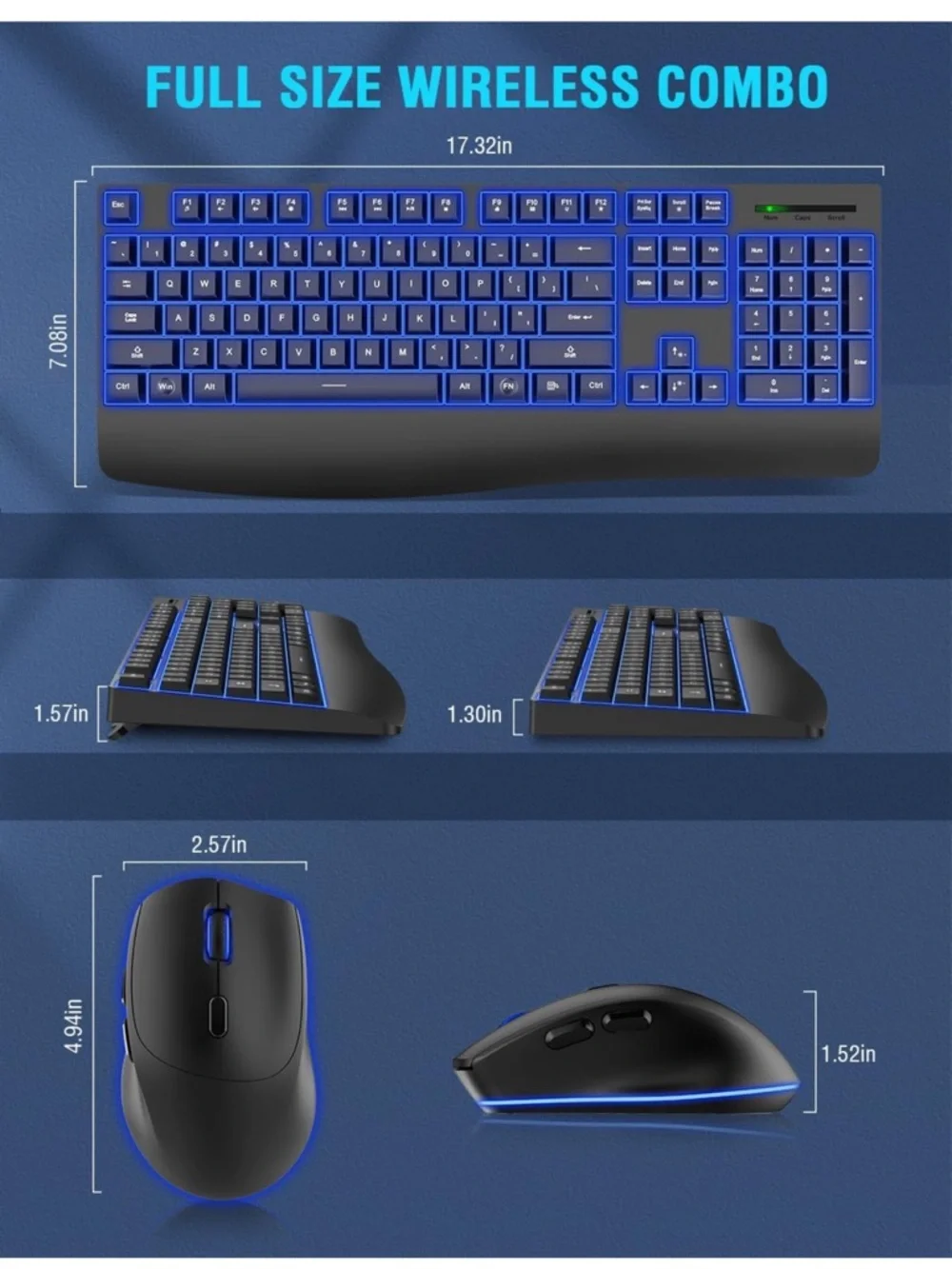 Wireless Keyboard and Mouse combo 7 backlit effect wrist rest sleep mode